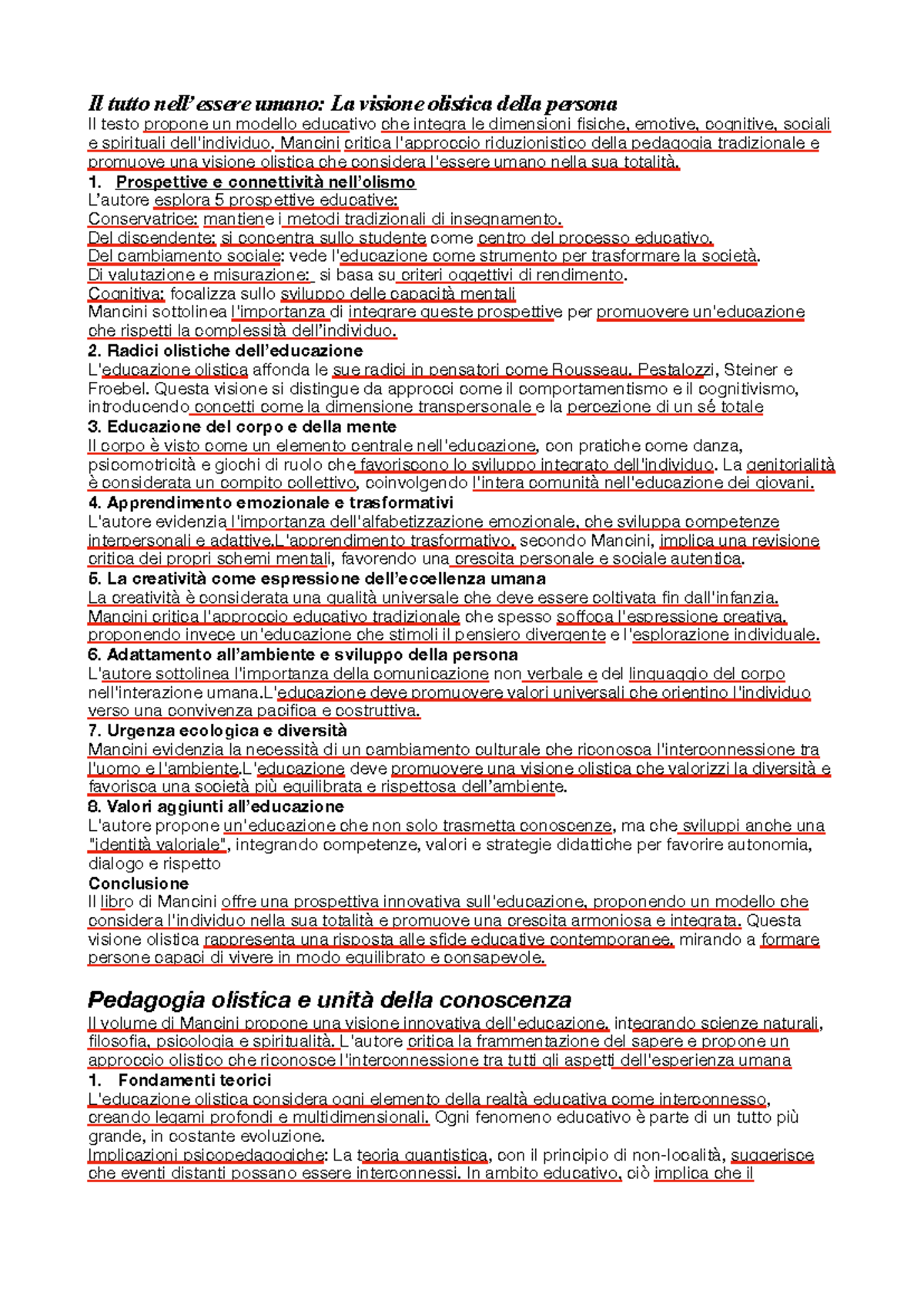 Pedagogia Olistica: Un Modello Educativo Integrato di Mancini - Studocu