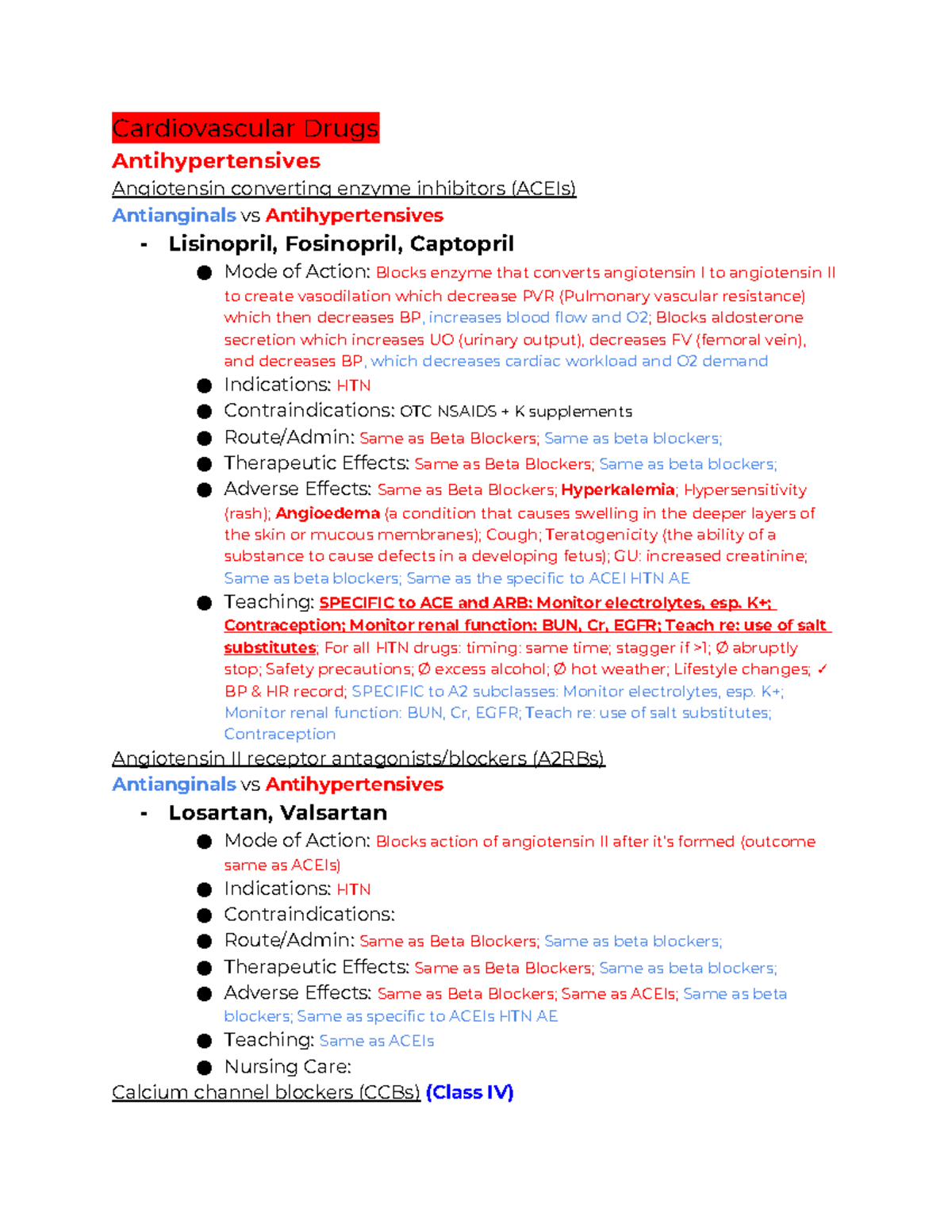 Pharmacology Study: Cardiovascular Drugs (ACEIs, Antianginals, CCBs ...