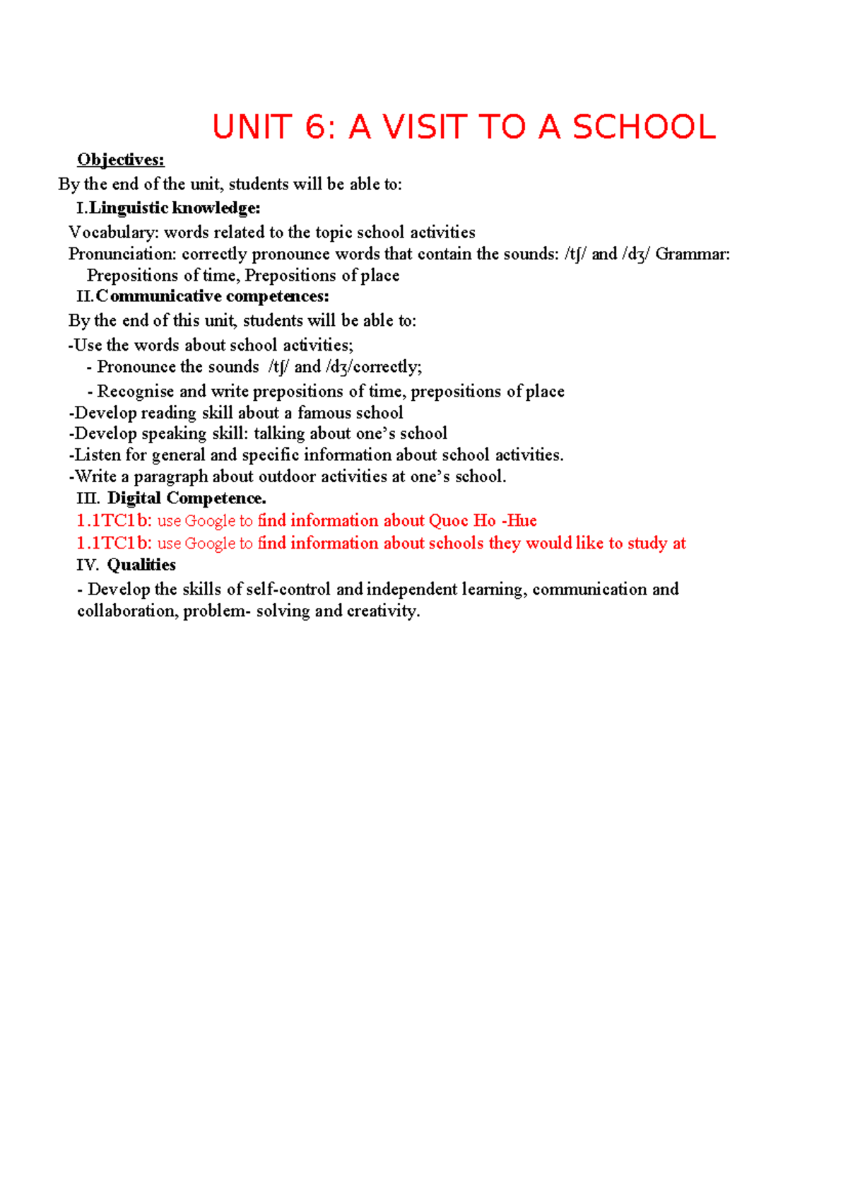 ANH 7 - UNIT 6: A VISIT TO A SCHOOL - LESSON PLANS & ACTIVITIES - Studocu