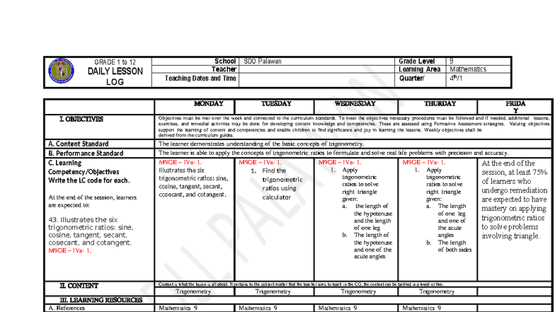 Grade 9 Math Daily Lesson Log: Week 1, Quarter 4 (Trigonometry Focus ...