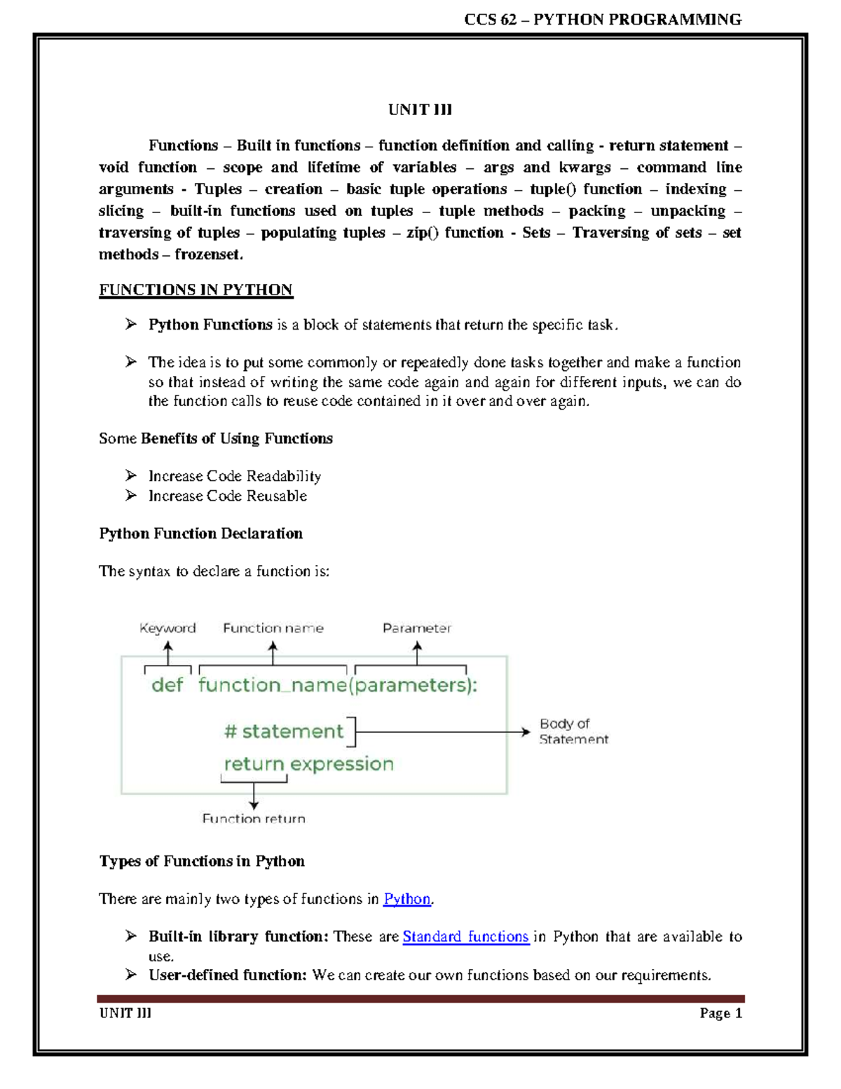 CCS 62 PYTHON PROGRAMMING UNIT Functions, Tuples, Sets, and Command ...