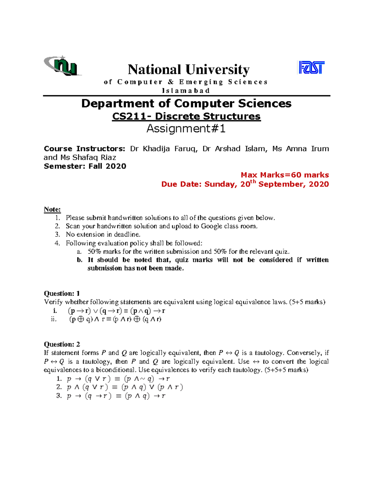 Discrete Mathematics Assignment 1 - National University o f C o m p u t ...