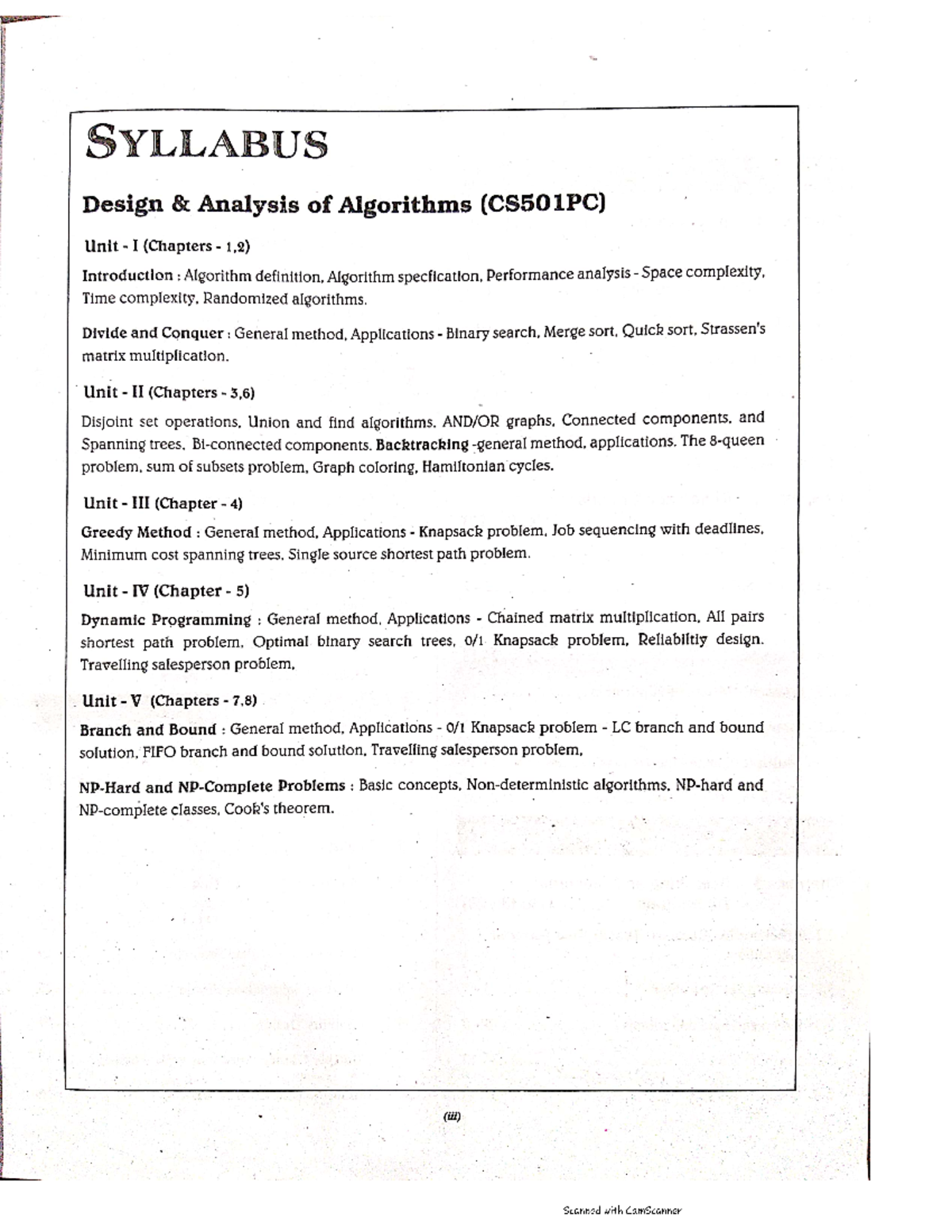 DAA Decode - Spectrum - SYLLABUS Design Analysis of Algorithms (CS501PC ...