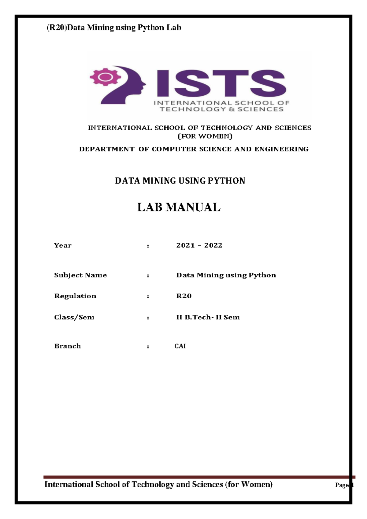 R20 Data Mining Lab Manual (2-2 Sem) with Python Experiments - Studocu