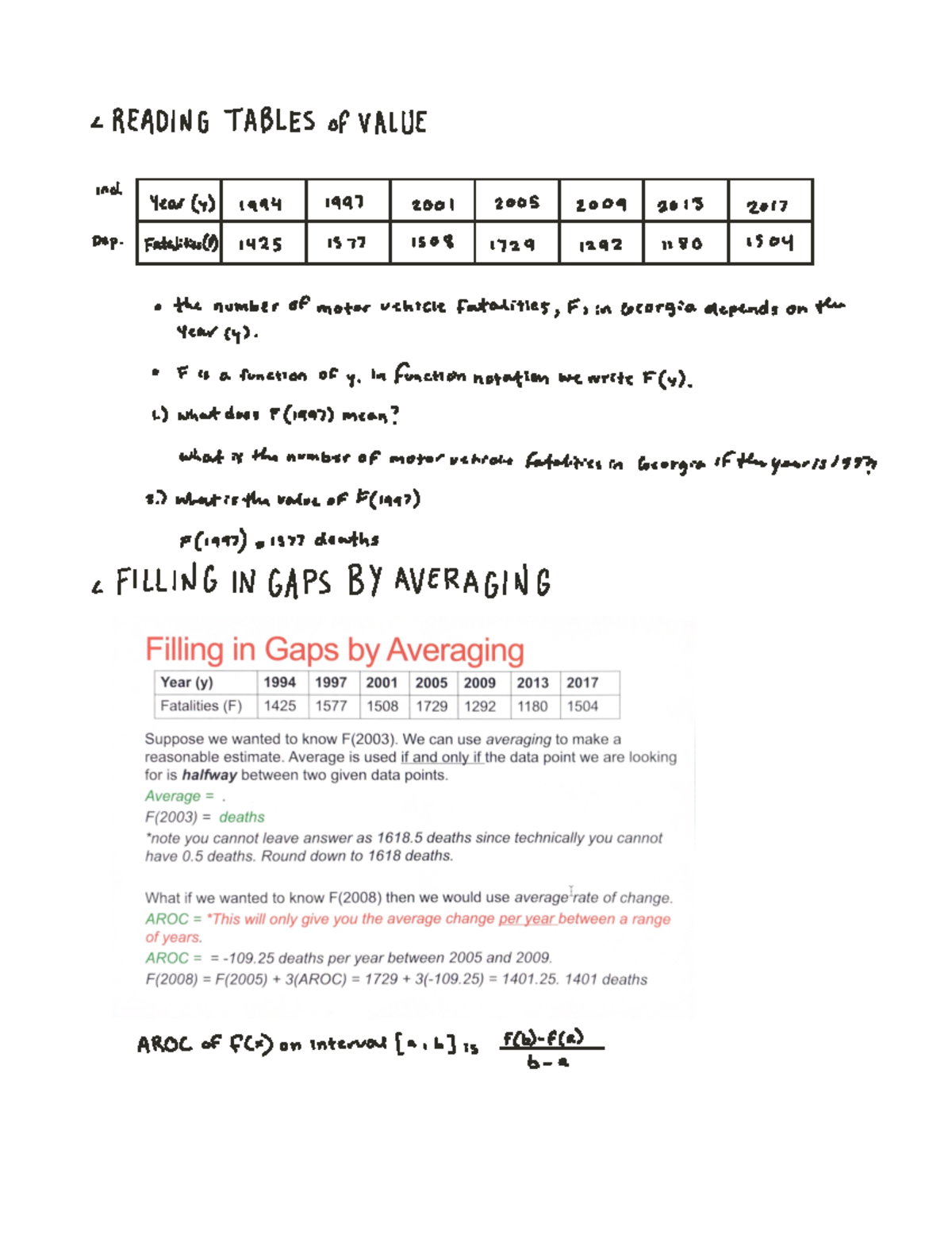 Chapter 1.2 - MATH 1101 - Reading tables of value, Filling in gaps by ...