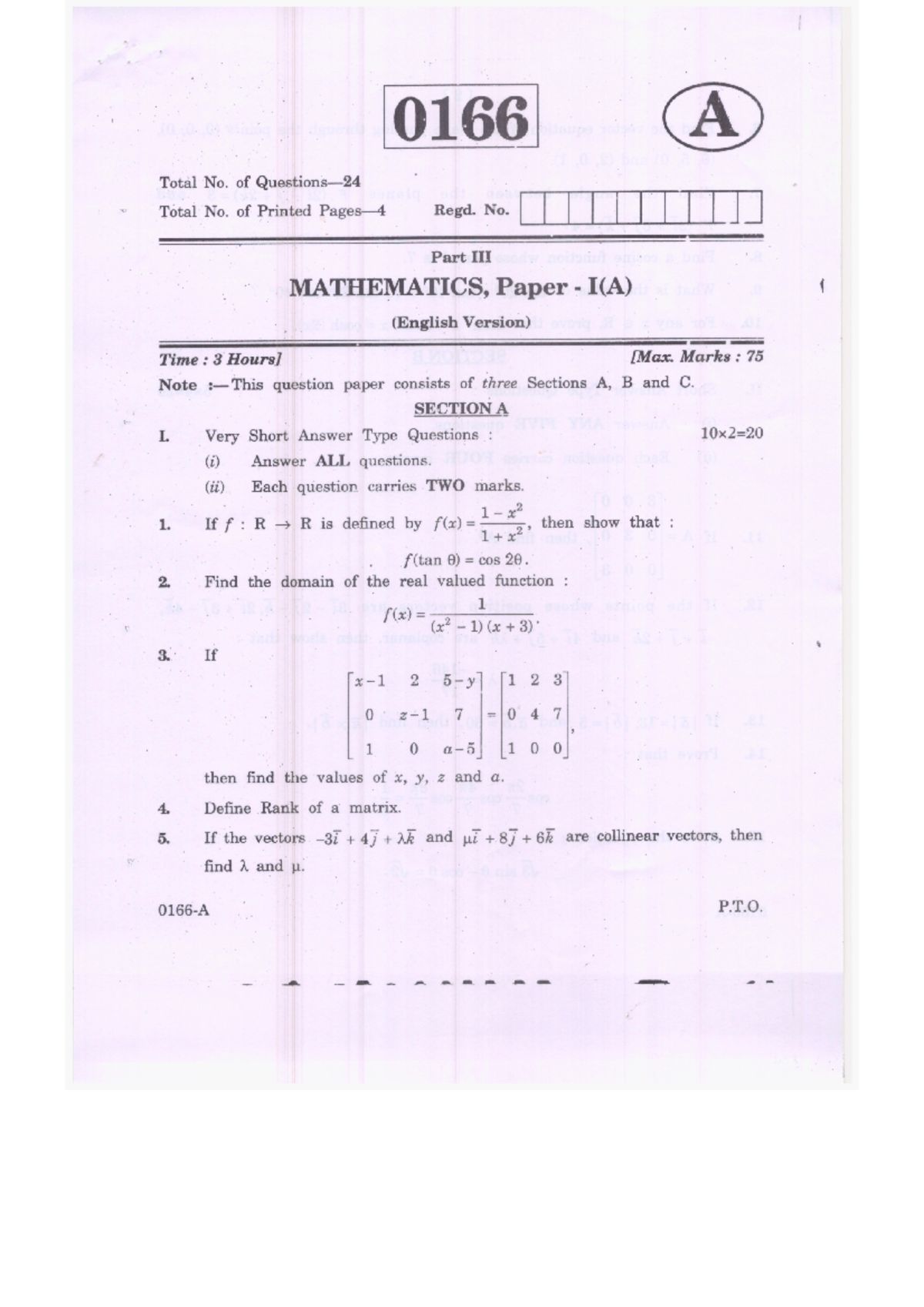 MATH 1A2 - IPE IMP - 0166 A Total No. of Total No. of Printed Regd. No ...