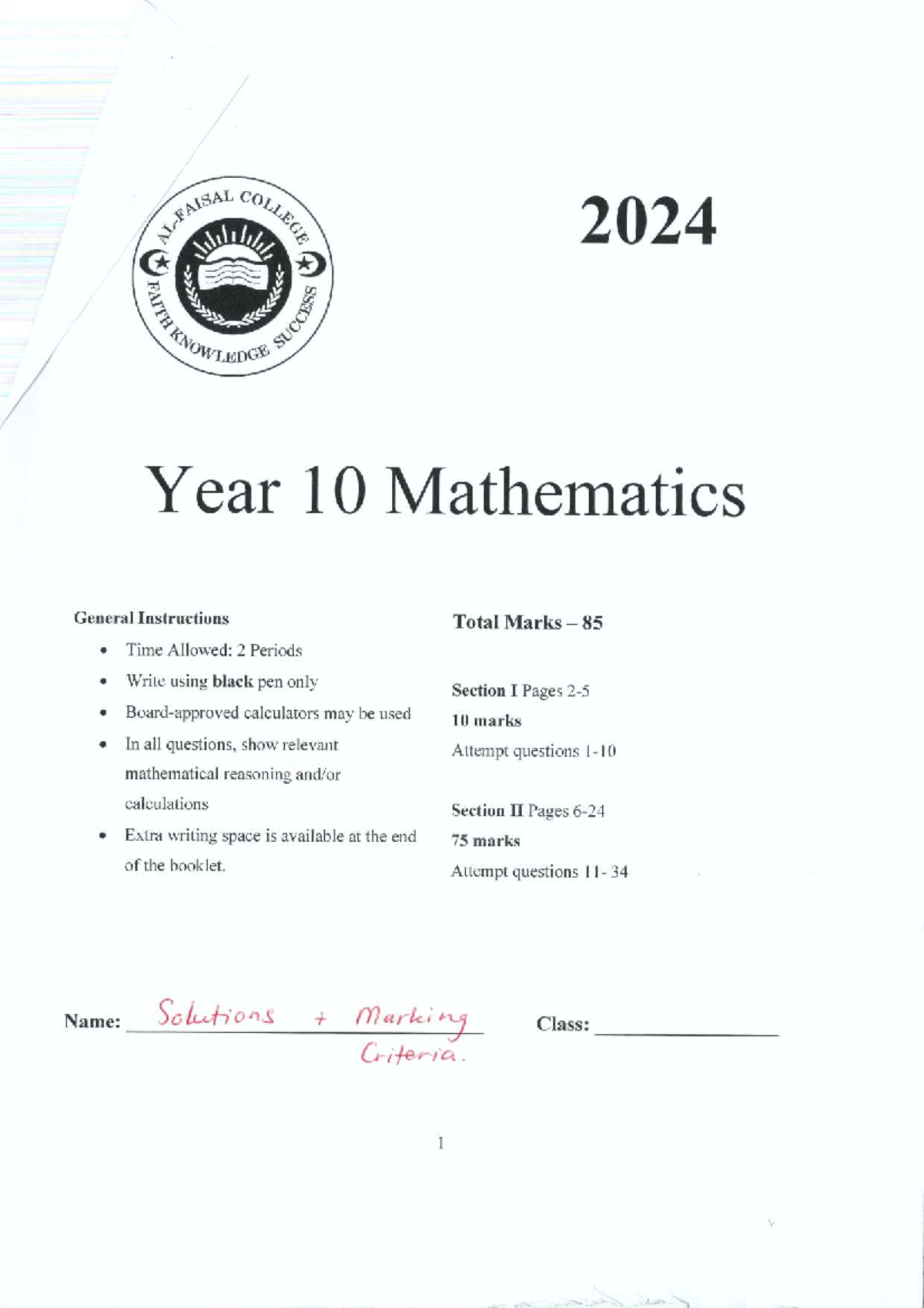 2024 Yr 10 Mathematics Selection Exam Solutions & Marking Criteria ...