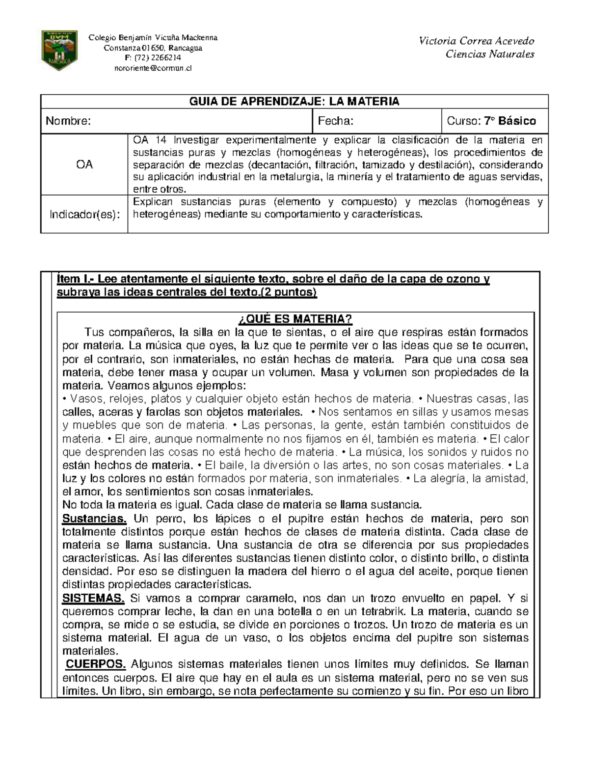 Guía de Aprendizaje: La Materia y sus Propiedades - Ciencias Naturales ...