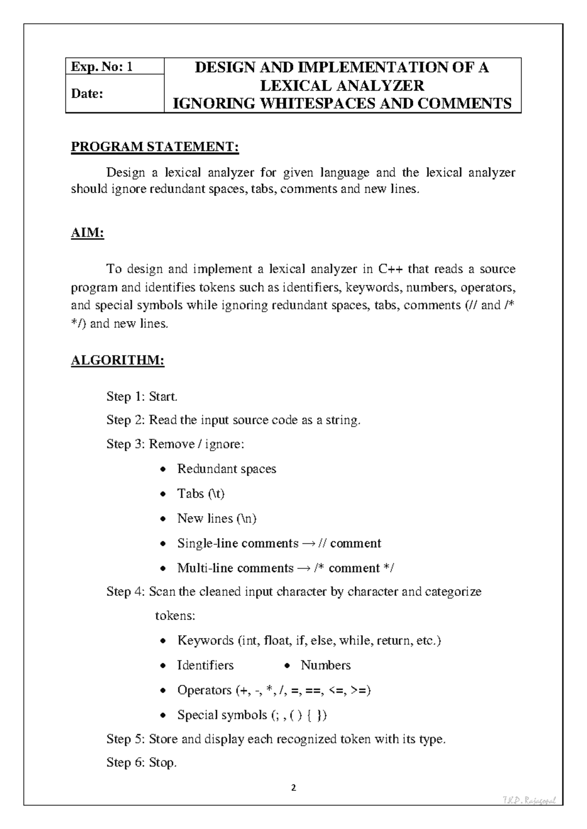 CD 1 - Lexical Analyzer Design & Implementation in Compiler Design Lab ...