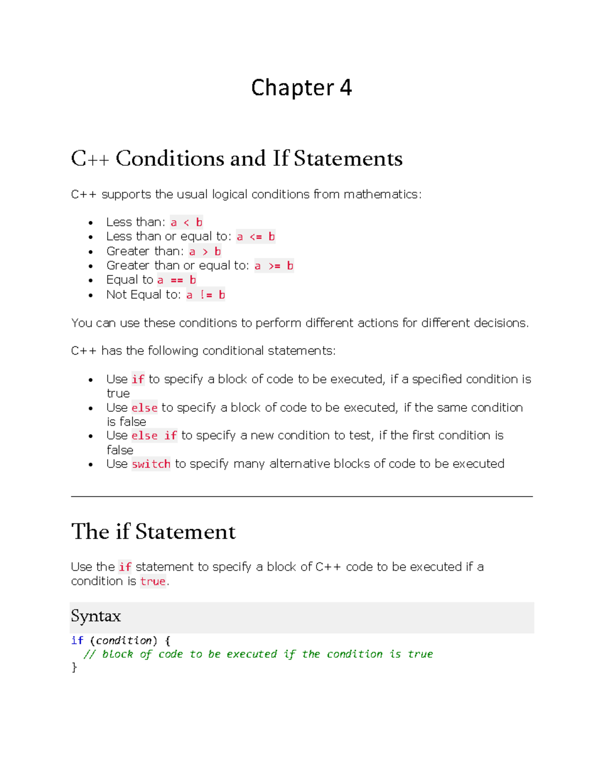 Chapter 4: Conditions and If Statements in Programming - Studocu