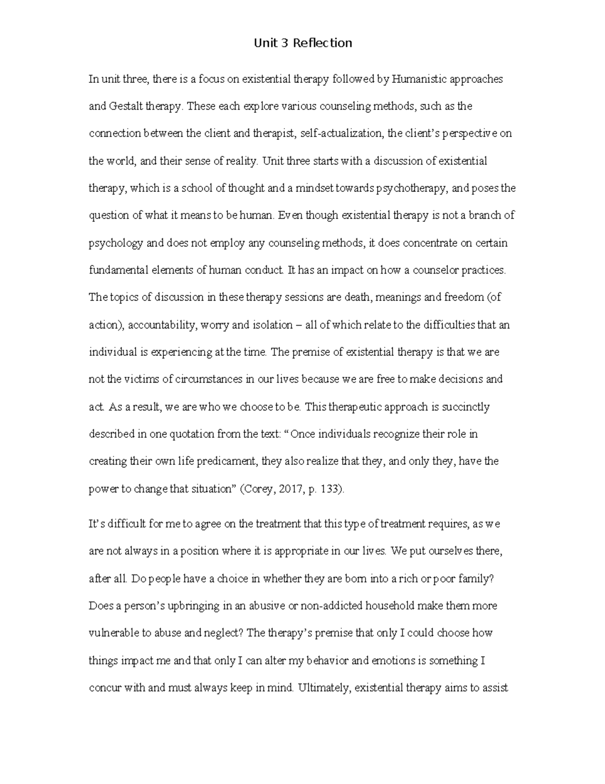 Unit 3 Reflection: Exploring Existential, Humanistic, and Gestalt ...