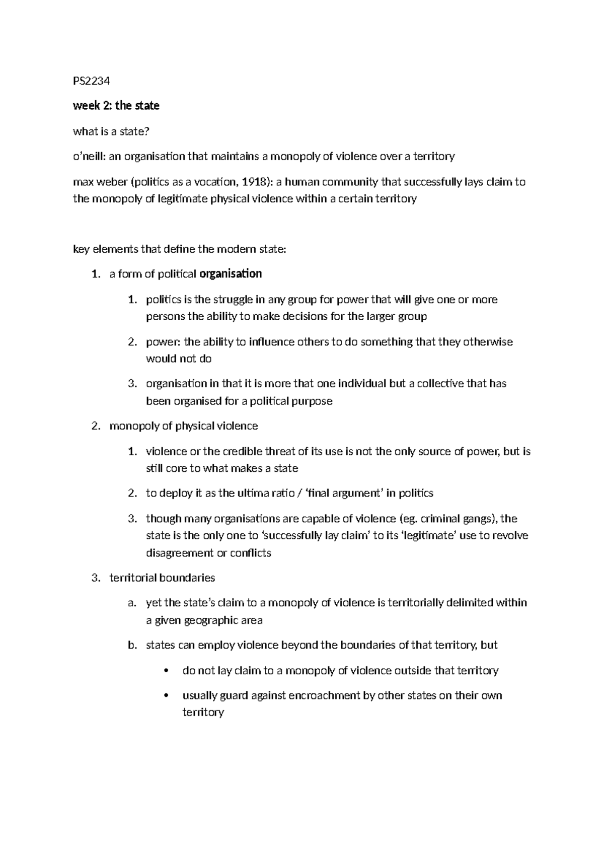 PS2234 Lecture Notes: Understanding the Modern State and Its Elements ...