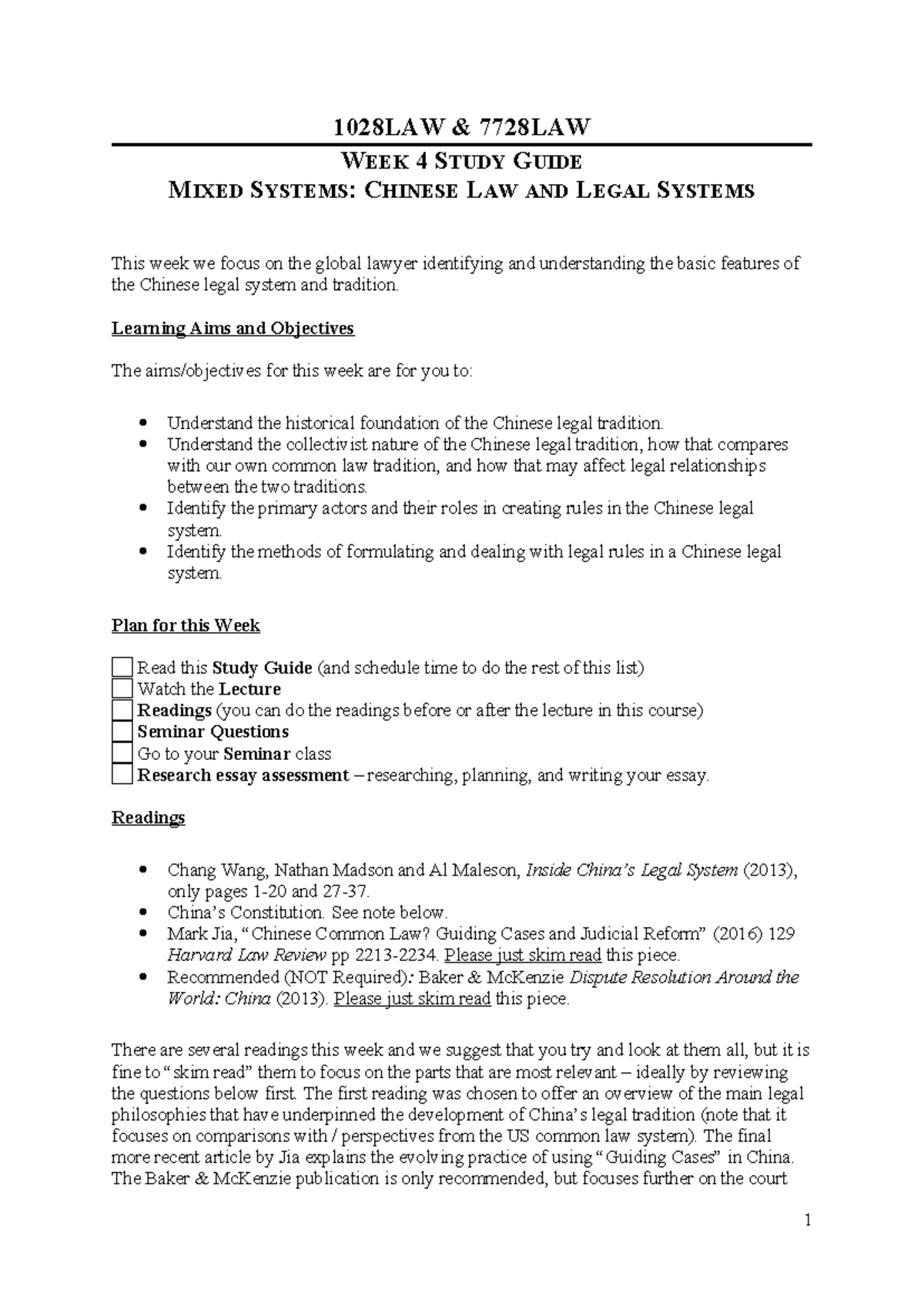 Week 4 Study Guide: Exploring Mixed Systems in Chinese Law (1028LAW ...