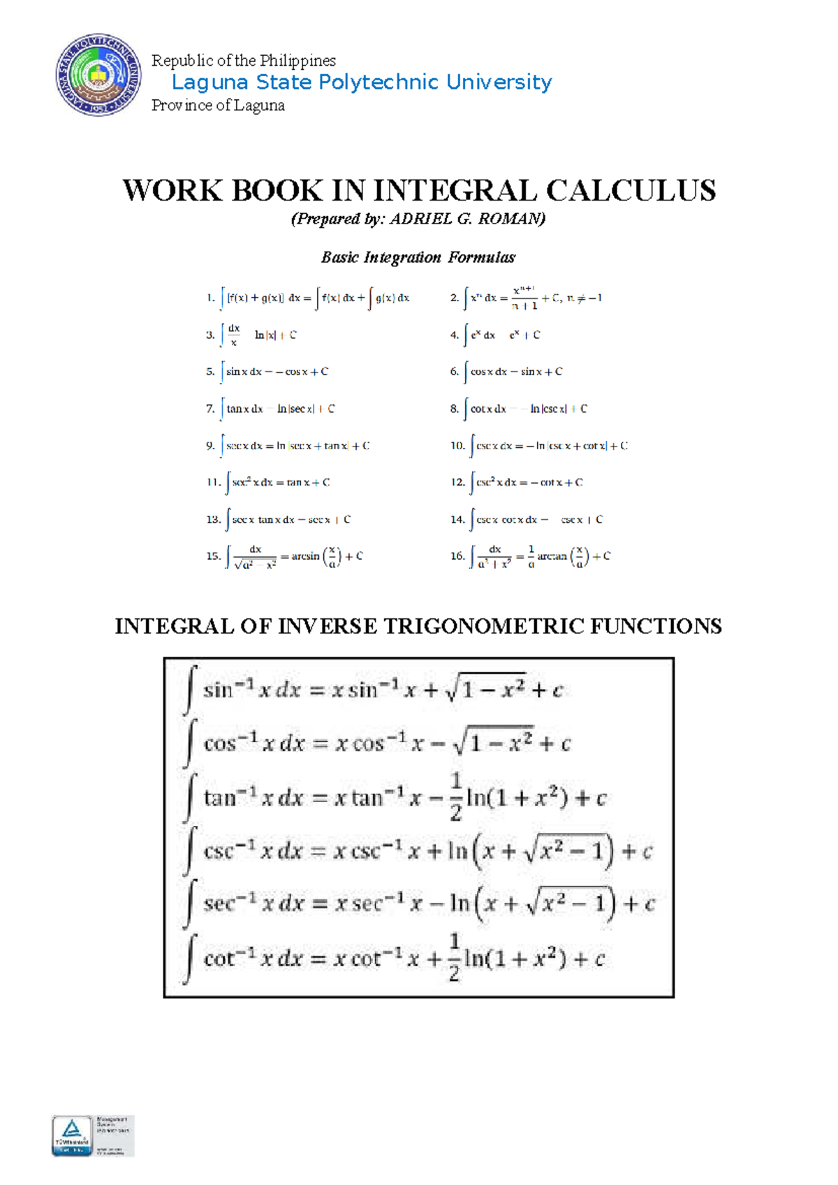 Basic Integration Formulas and Inverse Trig Functions - Activity 2 ...