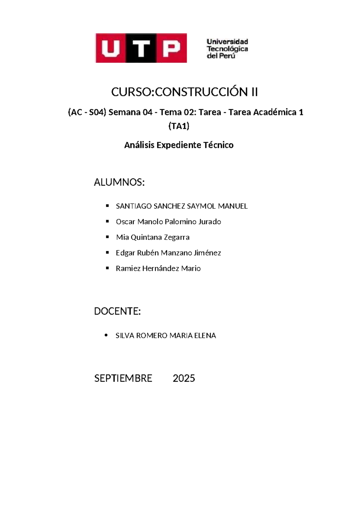 CURSO: CONSTRUCCIÓN II (AC S04) TA1 - Análisis del Proyecto de Vivienda ...