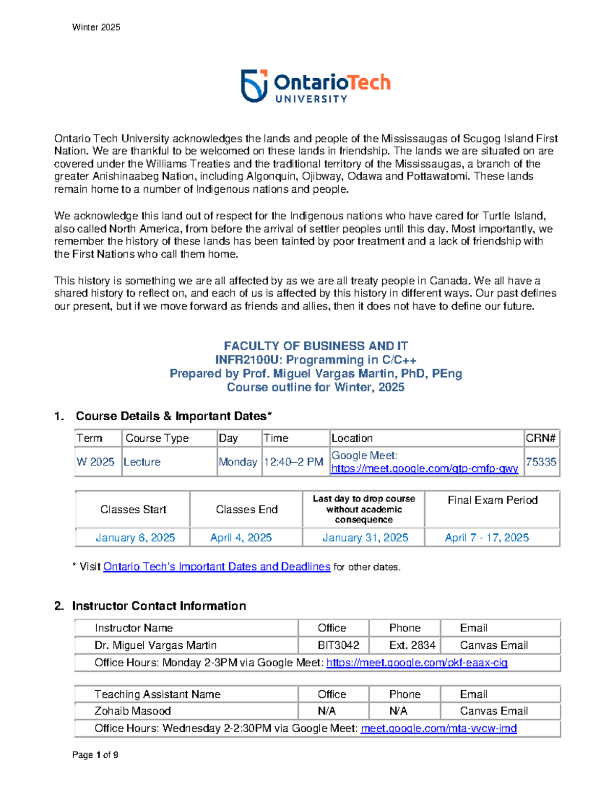 INFR2100-W25 - Winter 2025 Course Outline for C/C++ Programming - Studocu