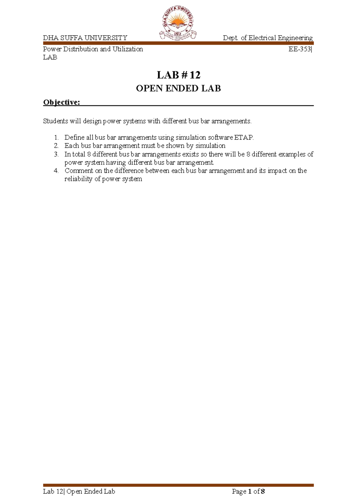 DHA SUFFA UNIVERSITY EE Lab 12: Open Ended Power Distribution Designs ...