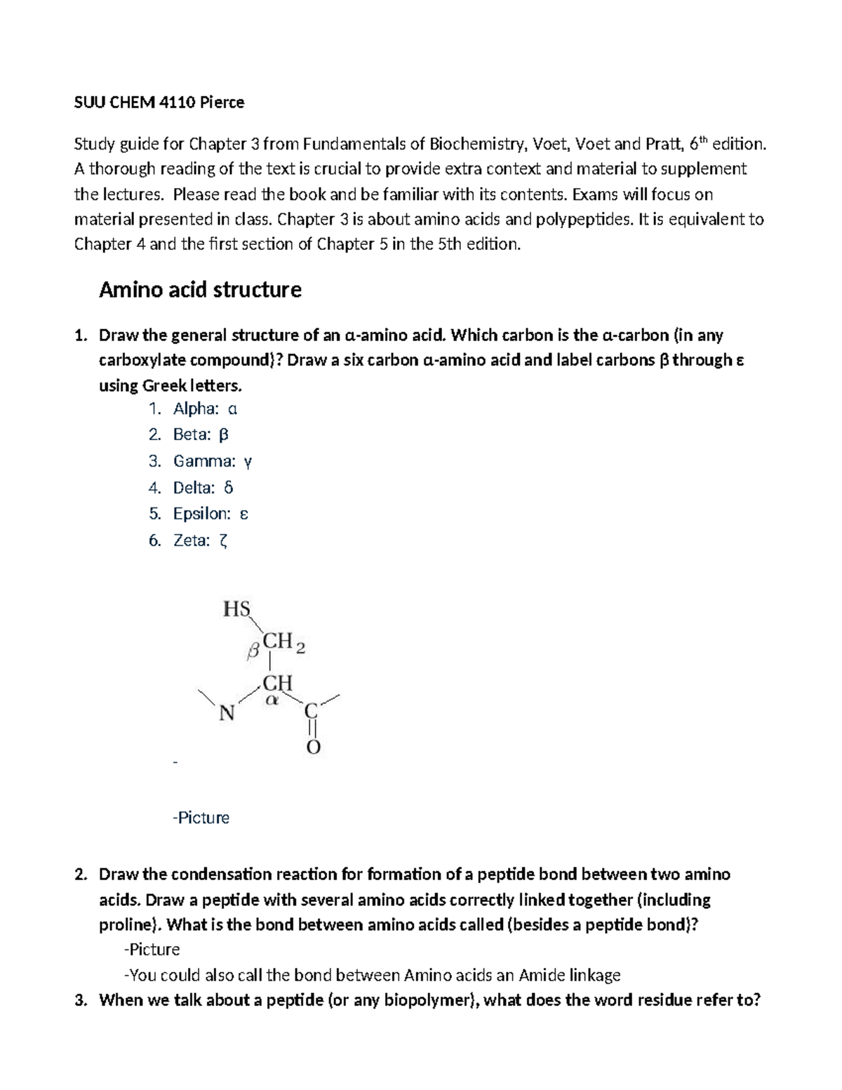 SUU CHEM 4110 Final Exam Study Guide for Chapter 3: Amino Acids ...