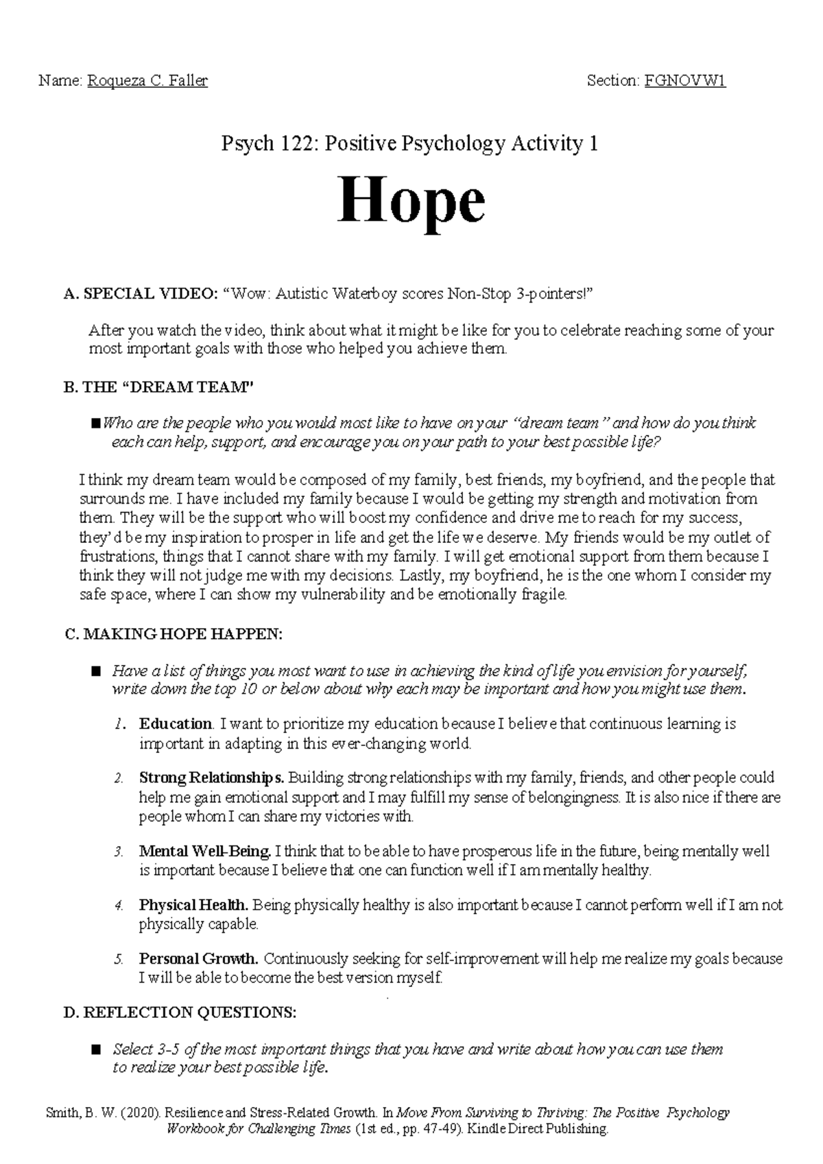Psych 122: Activity 1 - Hope and Building My Dream Team - Studocu