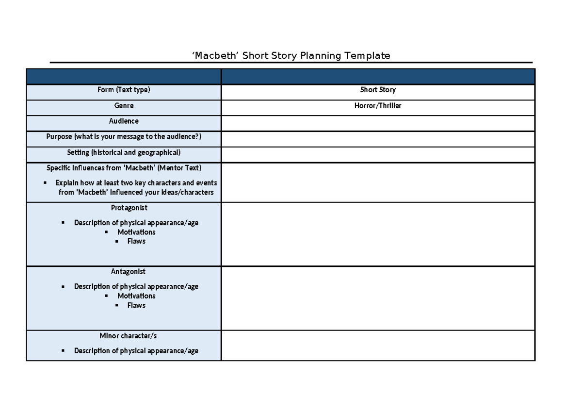 Yr 10 English: Short Story Planning Template for Macbeth - Studocu