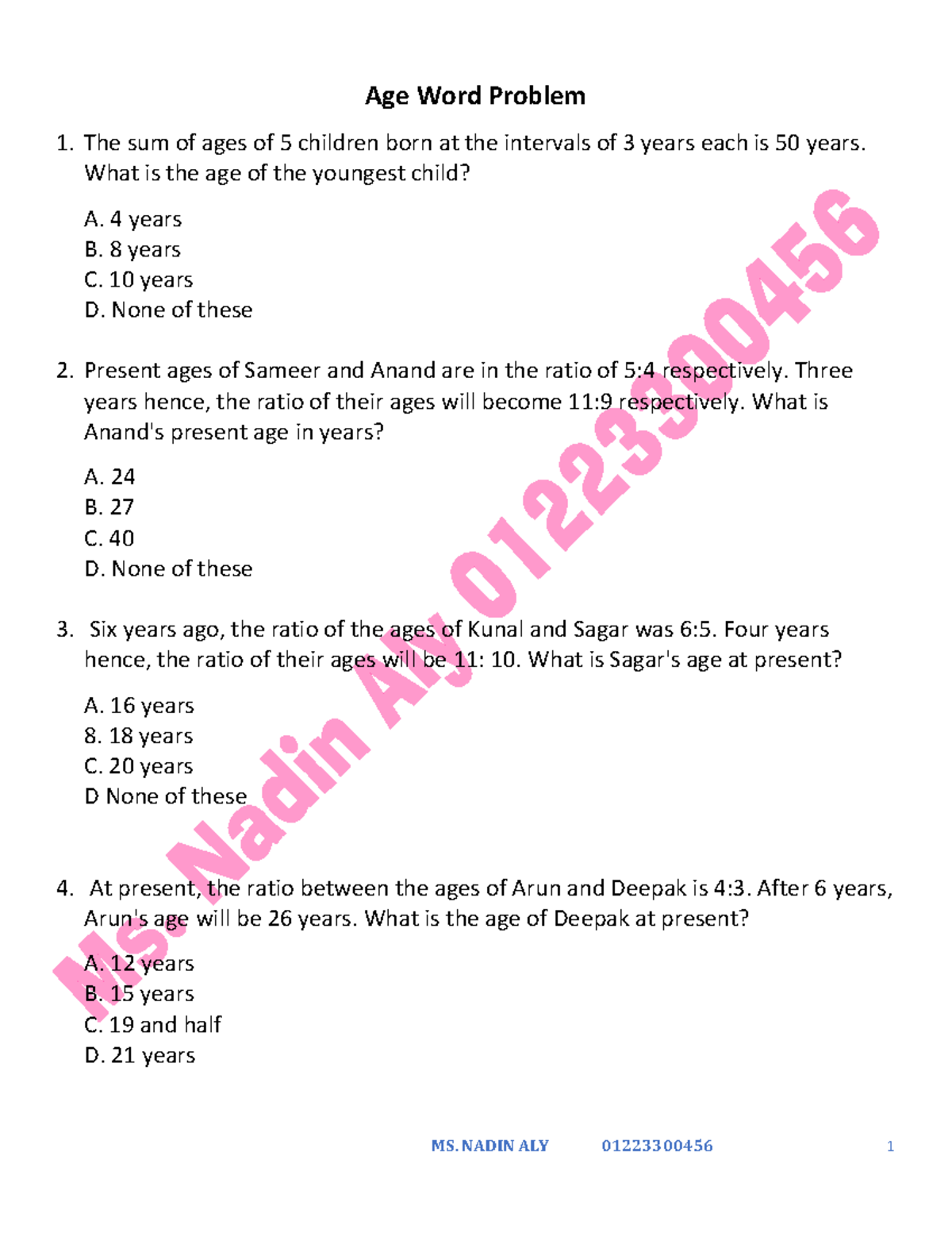 MAT 101 - Age Word Problems Practice Exercises - Studocu