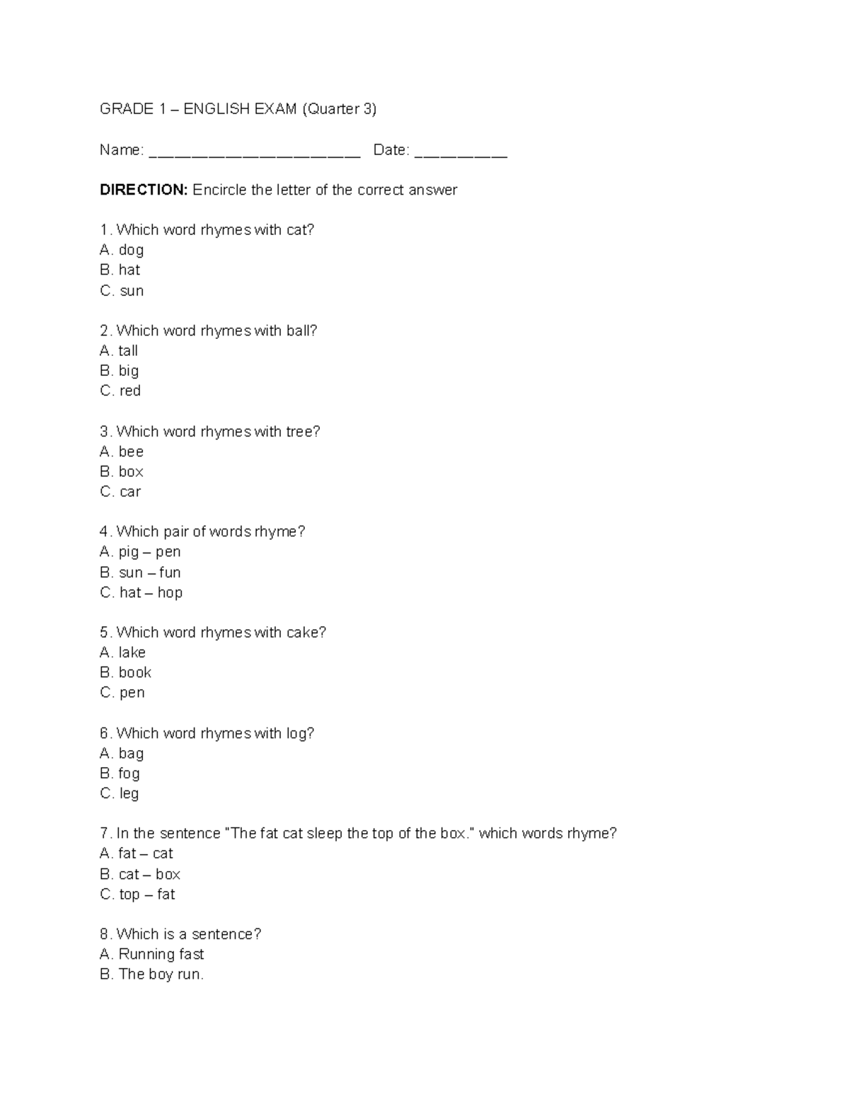 Grade 1 English Exam (Q3) - Rhyming Words & Sentence Structure - Studocu