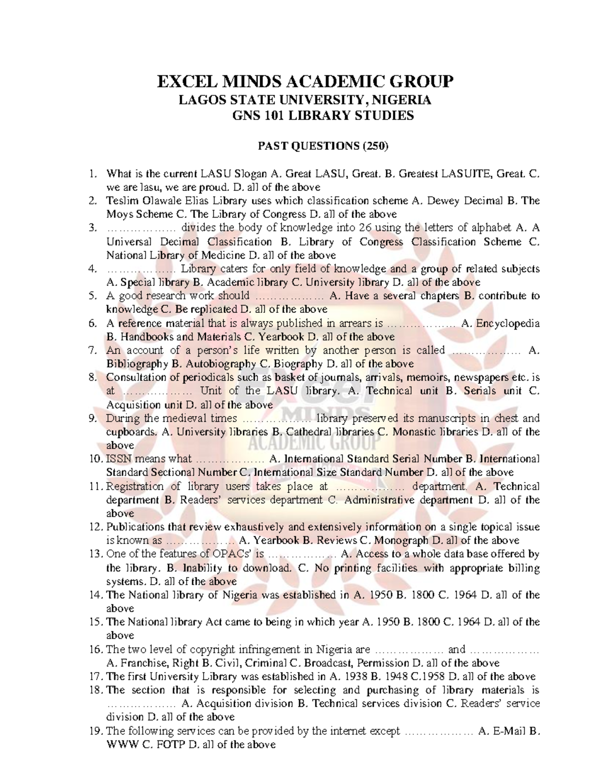 GNS 101 Library Studies Past Questions - Studocu