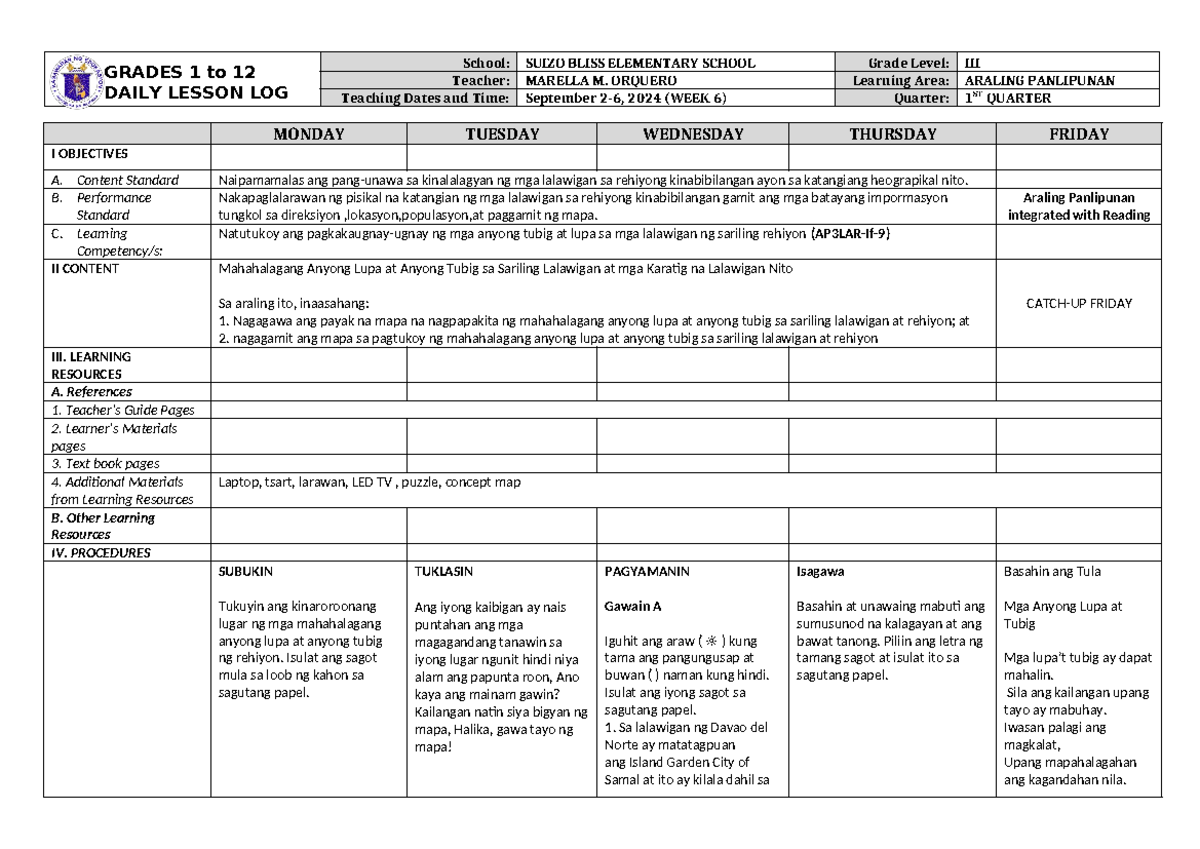 DLL Araling Panlipunan 3 Q1 W6 - GRADES 1 to 12 DAILY LESSON LOG School ...
