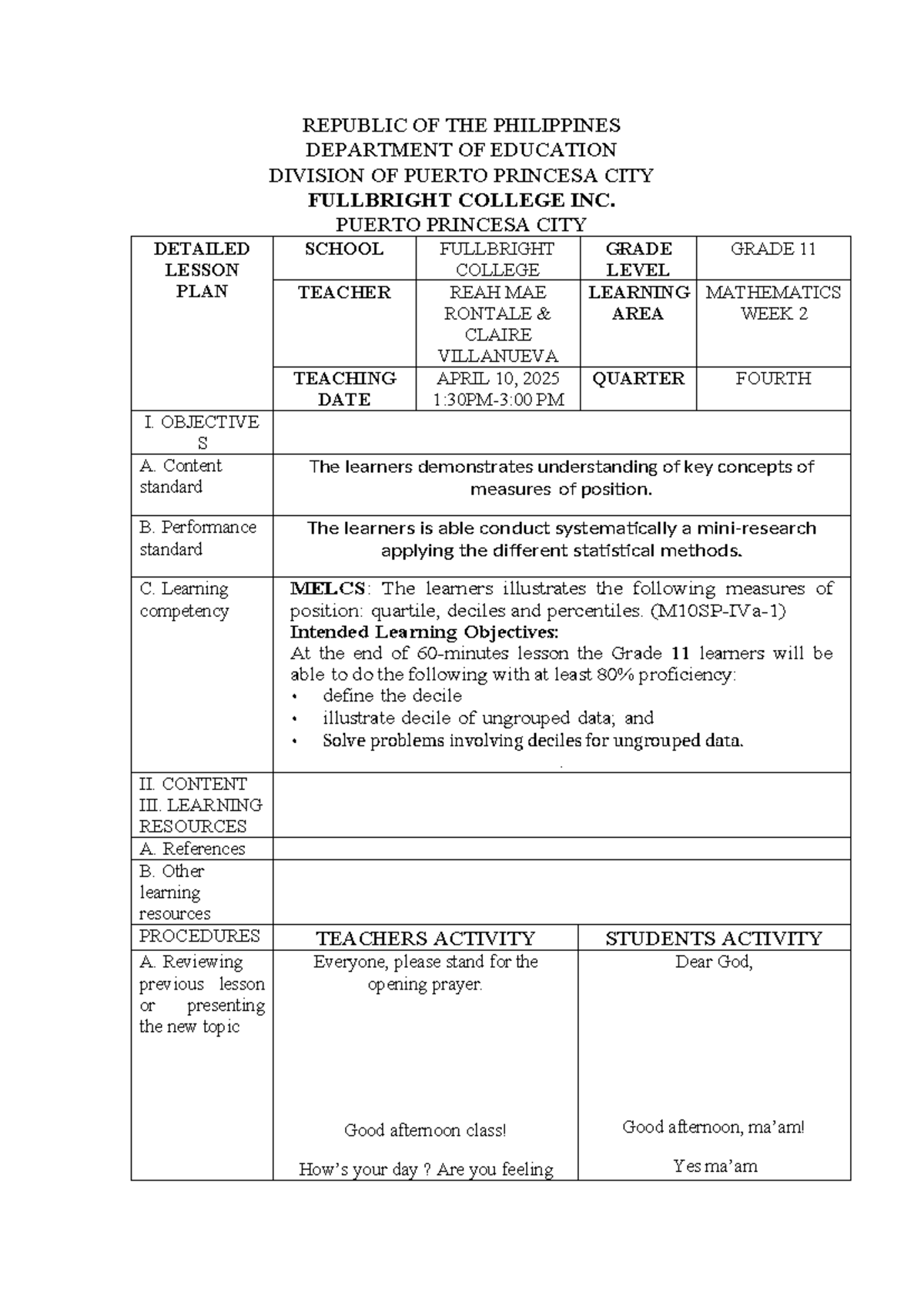 Grade 11 Math Lesson Plan: Measures of Position (Deciles) - Studocu