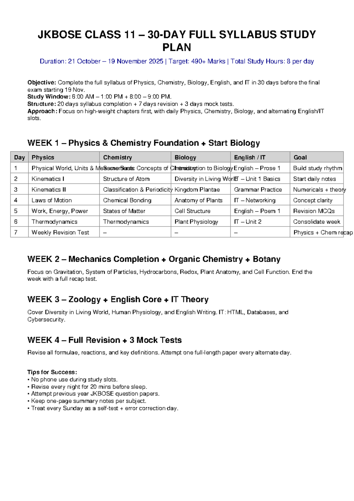 JKBOSE CLASS 11 ONE MONTH STUDY PLAN FOR FINAL EXAM - Studocu