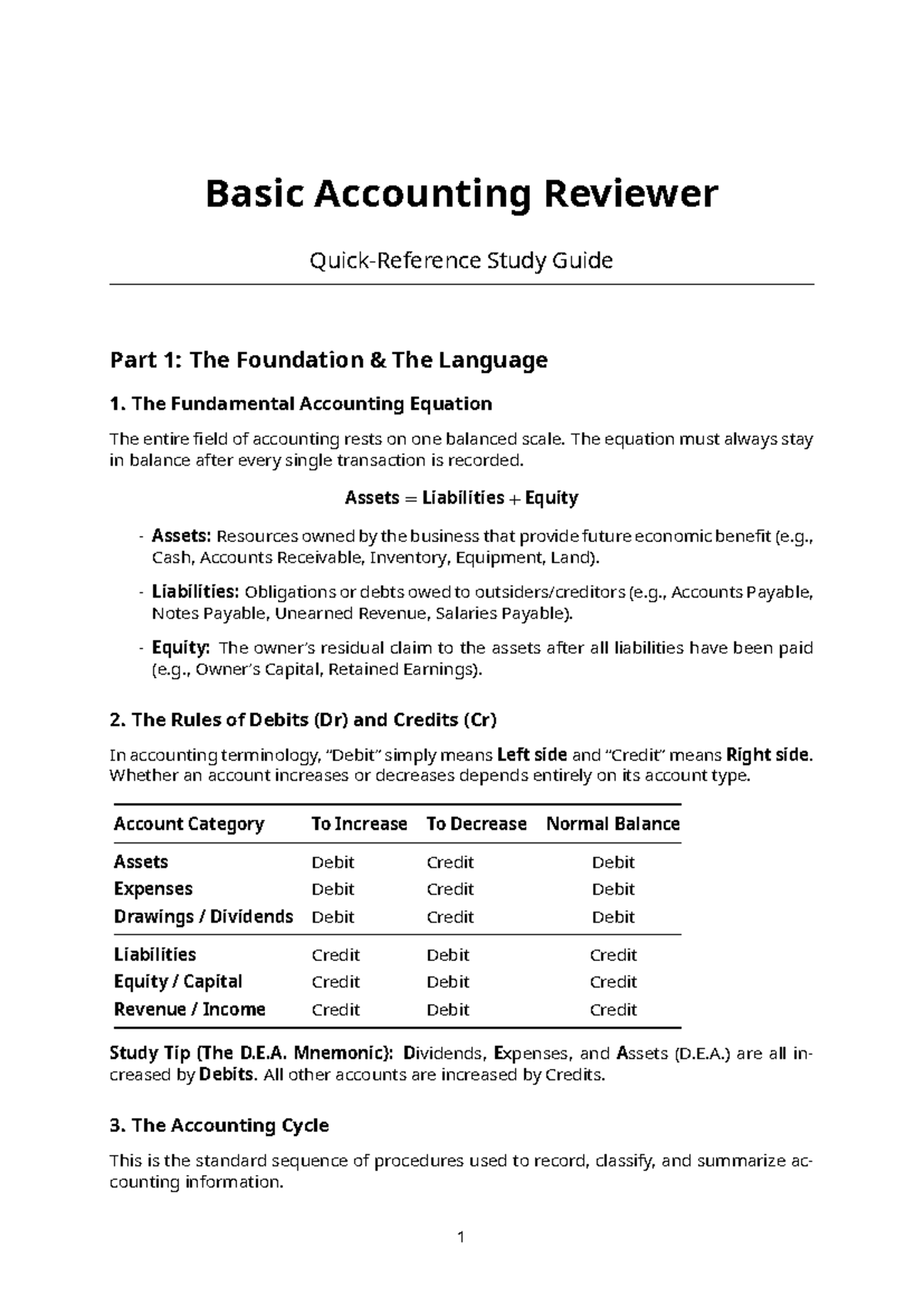 Basic Accounting 101: Study Guide Part 1 - Foundations & Principles ...