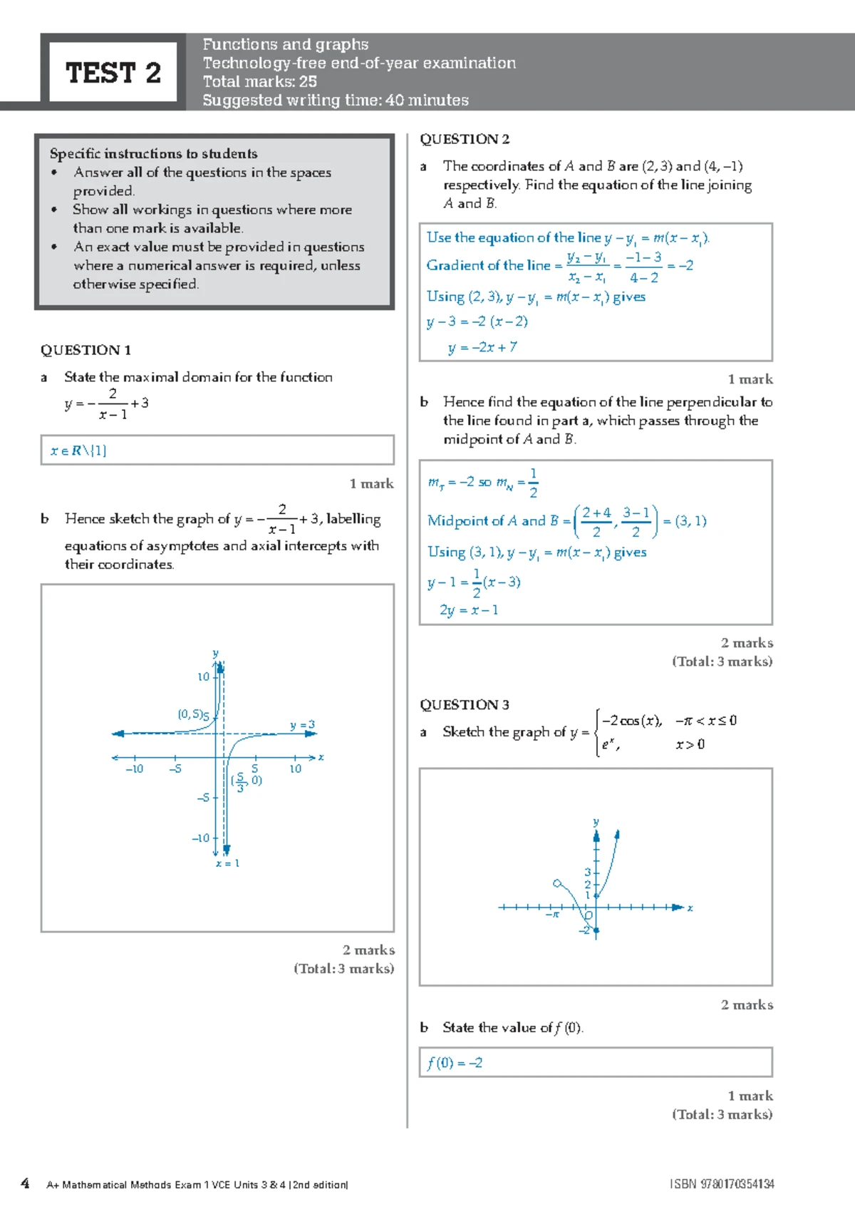 Mathematical Methods Exam 1 VCE Units 3 4 - Functions & Calculus Test ...
