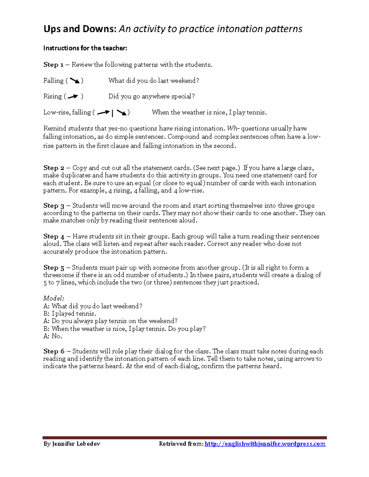 Intonation Patterns Activity Handout for ESL Teaching - Studocu