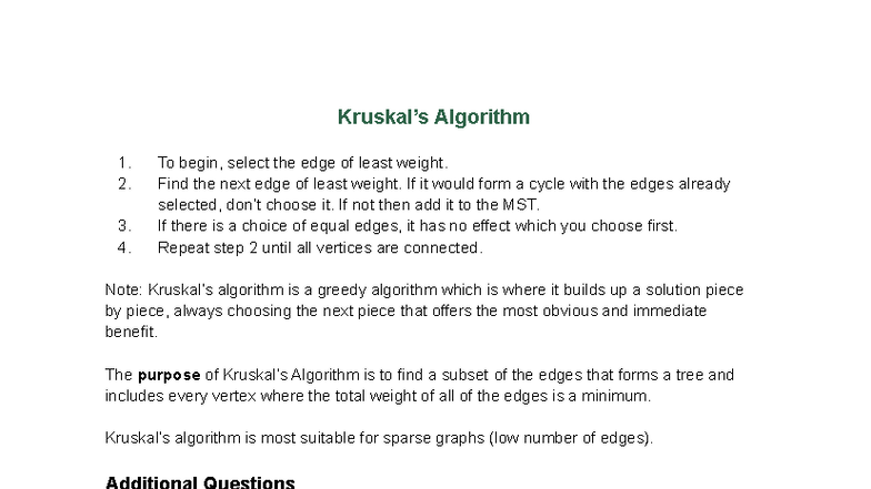 Kruskal's Algorithm - Additional Reference Material for CS101 - Studocu