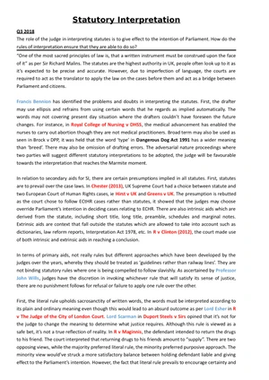 SI HRA 1998: Statutory Interpretation Impact Analysis - Studocu
