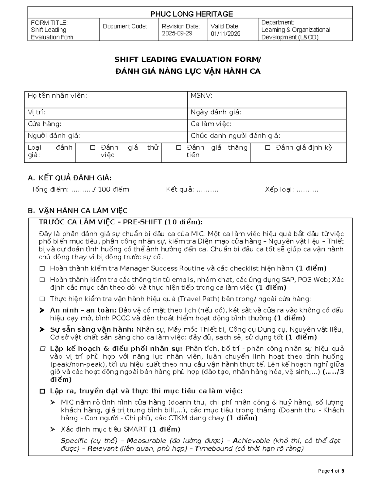 Shift Leading Evaluation Form - PHUC LONG HERITAGE - Studocu