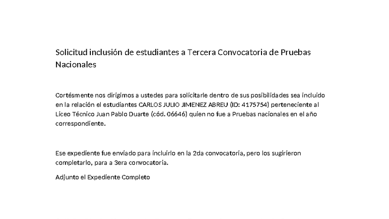 Solicitud de Inclusión a la 3ra Convocatoria de Pruebas Nacionales ...