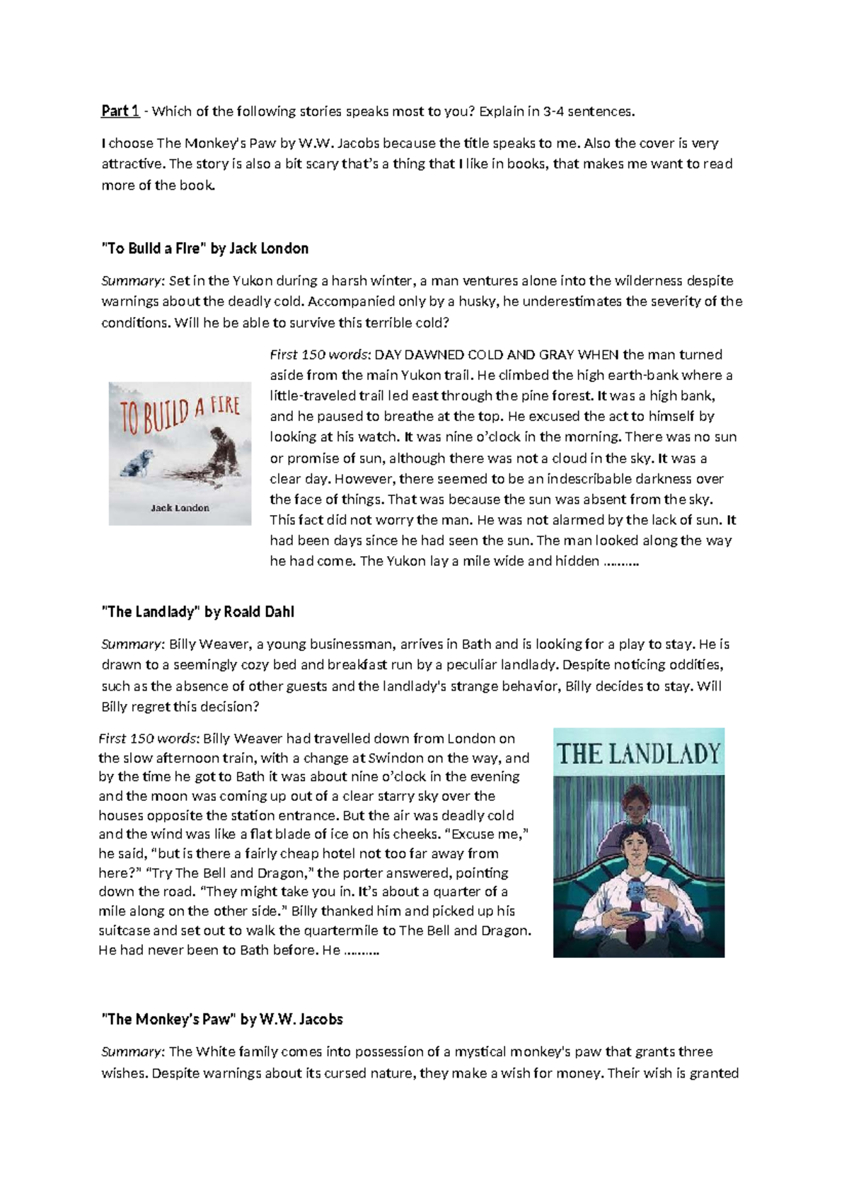 Portfolio 1: Short Stories Analysis & Reflections on Themes - Studeersnel