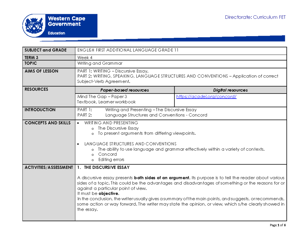English FAL Grade 11 Term 3 Week 4: Discursive Essay & Concord Guide ...