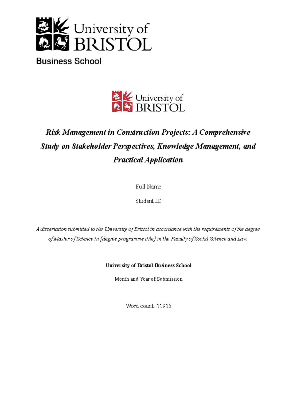 Project Management Dissertation - Risk Management in Construction ...