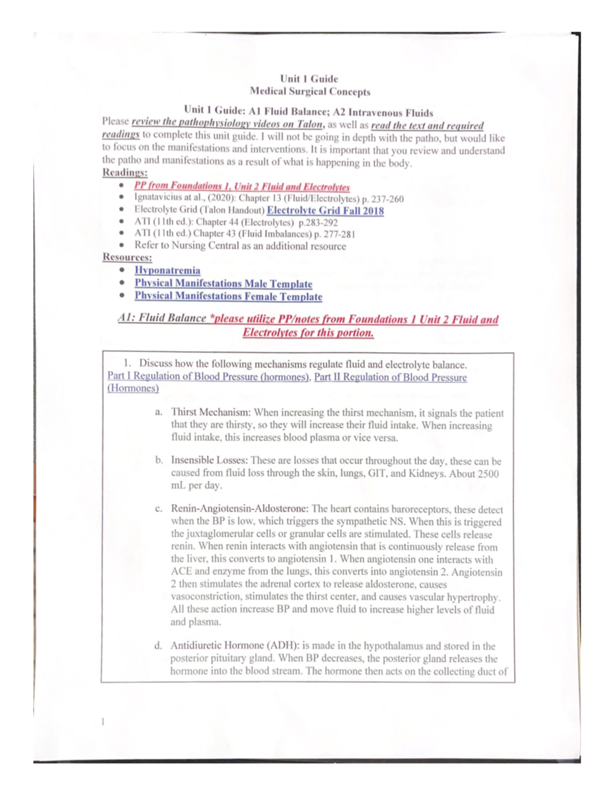 Unit 1 Guide: Medical-Surgical Concepts on Fluid & Electrolyte Balance ...