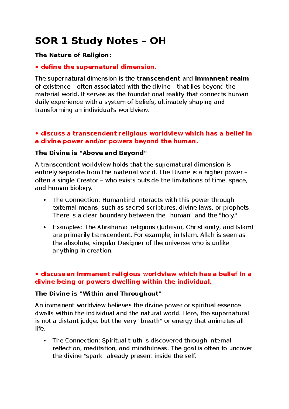 SOR 1 Study Notes - The Nature of Religion and the Dreaming - Studocu