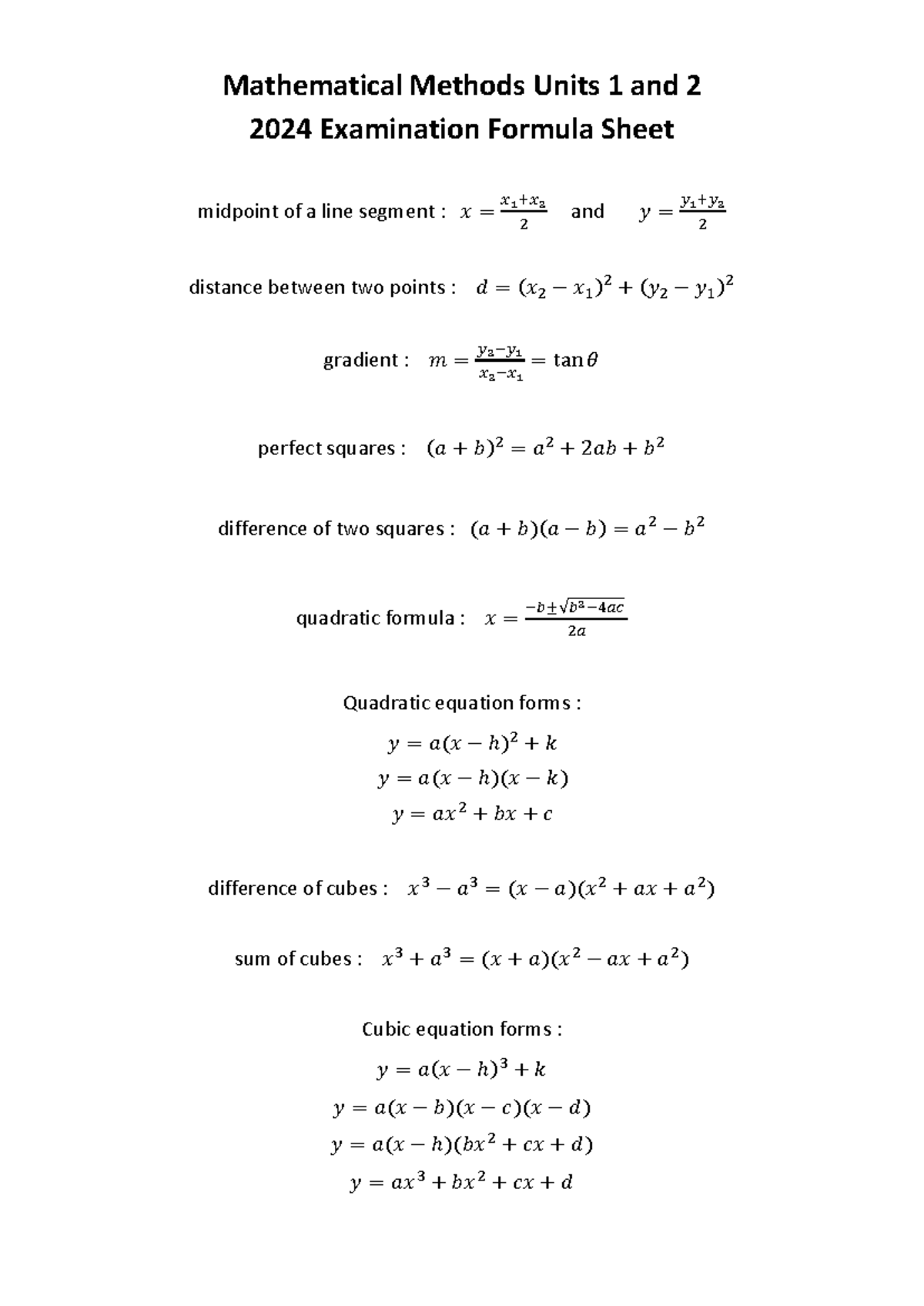 2024 Mathematical Methods Units 1 & 2 Exam Formula Sheet - Studocu