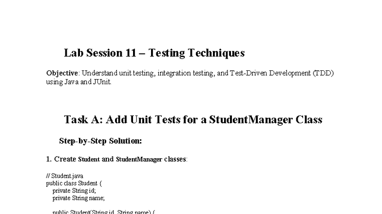 Lab Session 11 - Testing Techniques in Java (TDD & JUnit) - Studocu