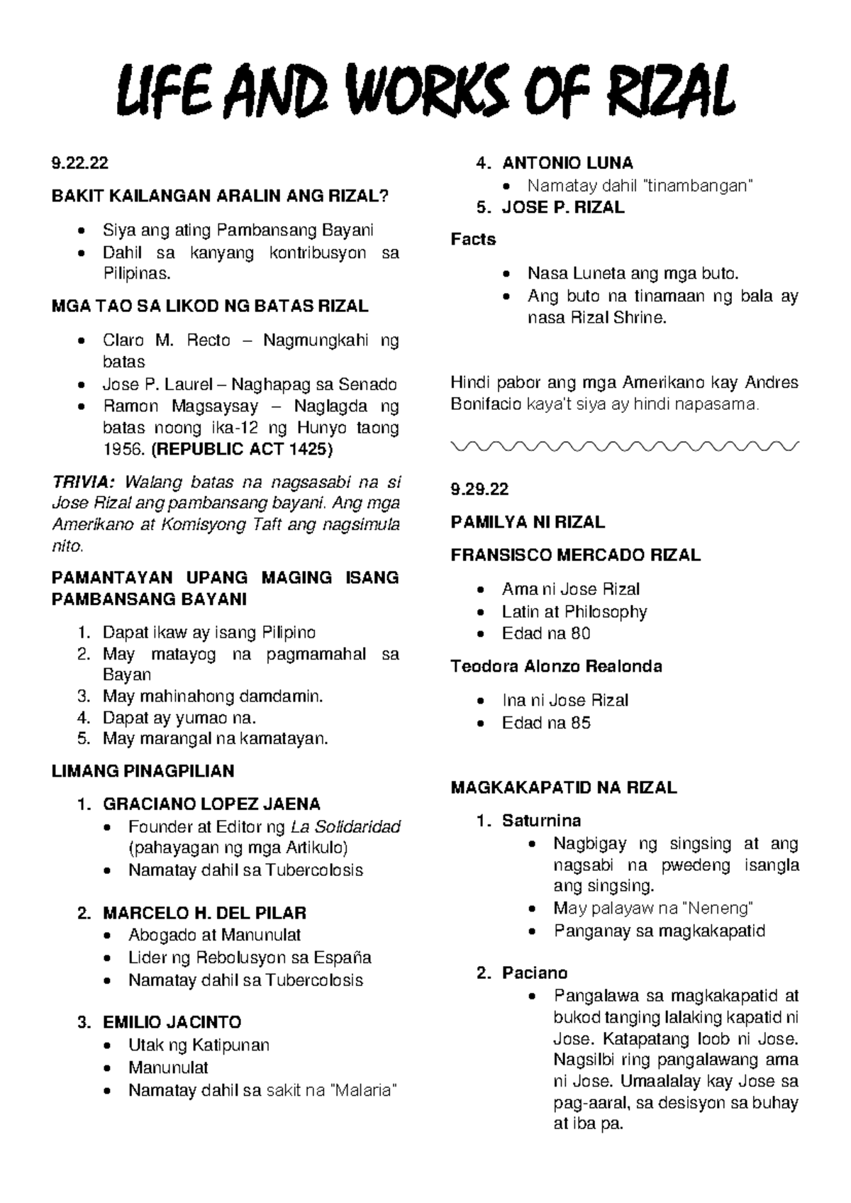 LIFE AND WORKS OF RIZAL: Detailed Study Notes - Studocu