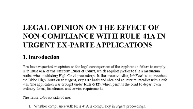 LEGAL OPINION ON THE IMPACT OF RULE 41A IN URGENT APPLICATIONS - Studocu