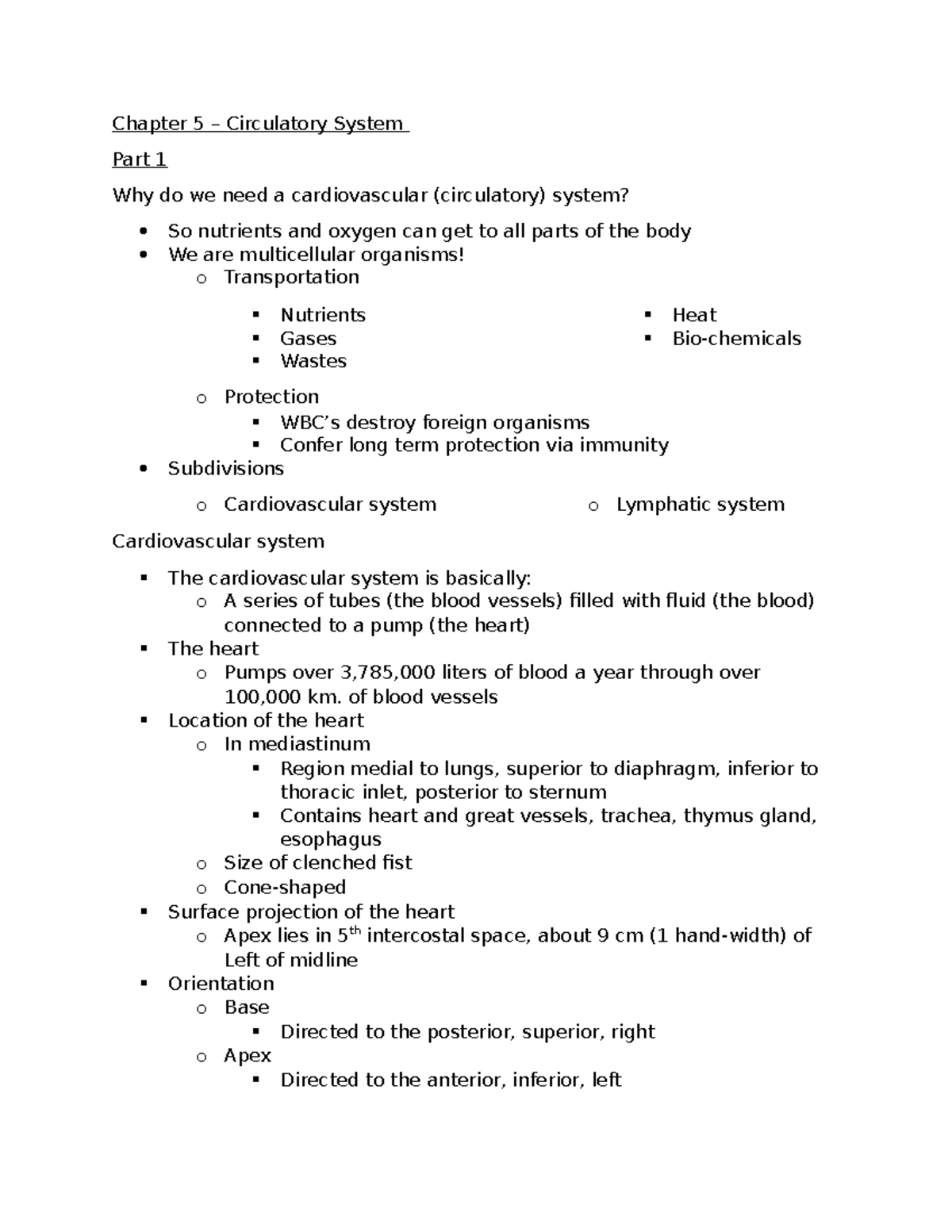 Chapter 5 - The Circulatory System Overview and Functions - Studocu