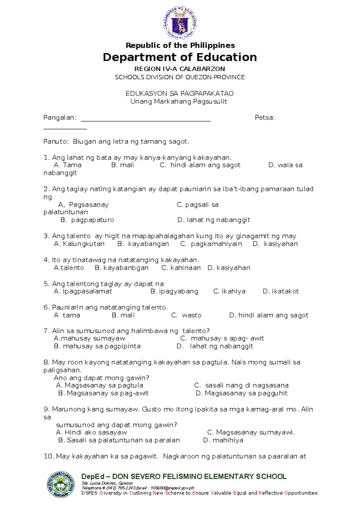 Grade 2 Unang Markahang Pagsusulit - Edukasyon at MAPEH - Studocu