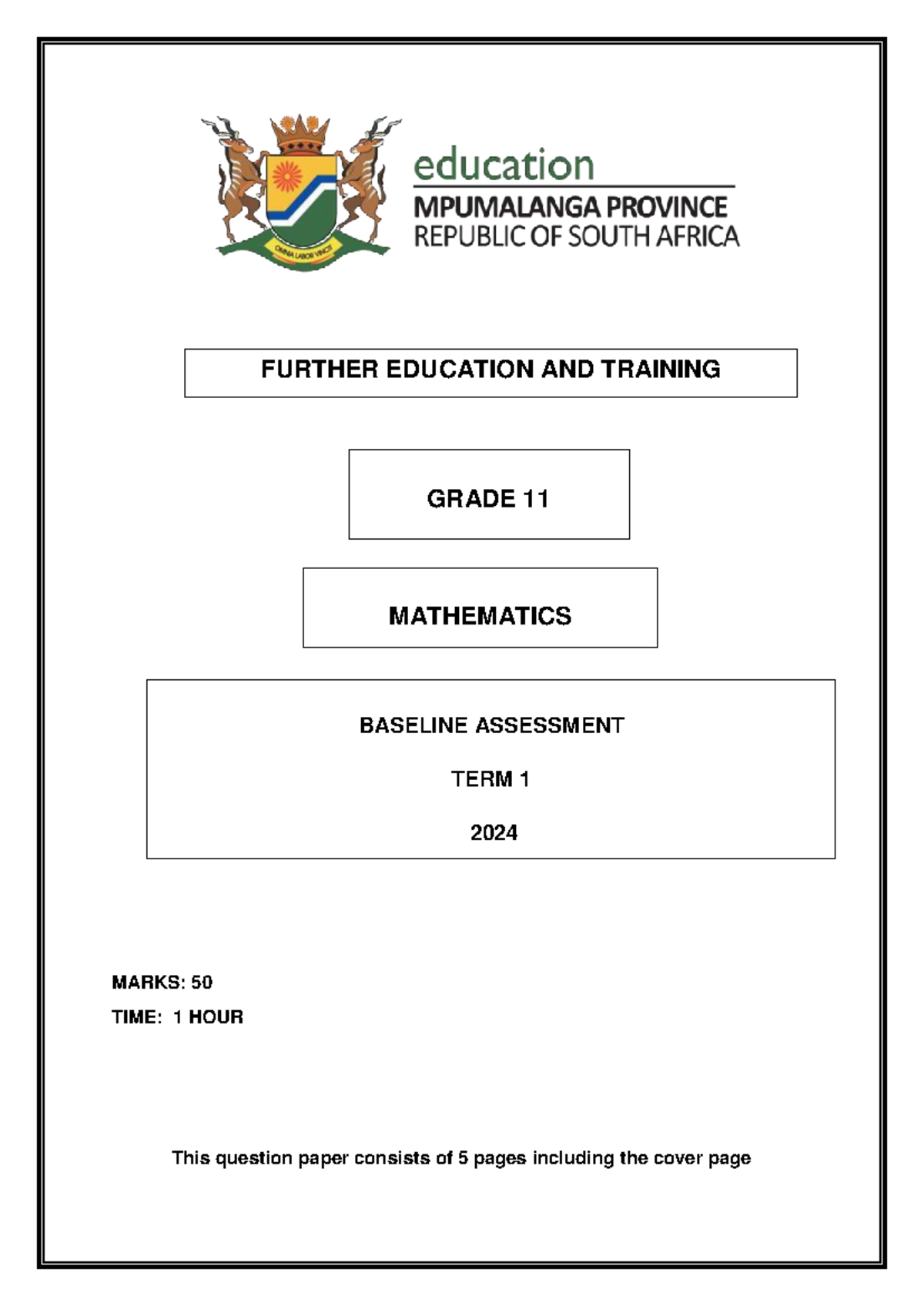 Grade 11 Mathematics Baseline Assessment Term 1 2024 - Studocu