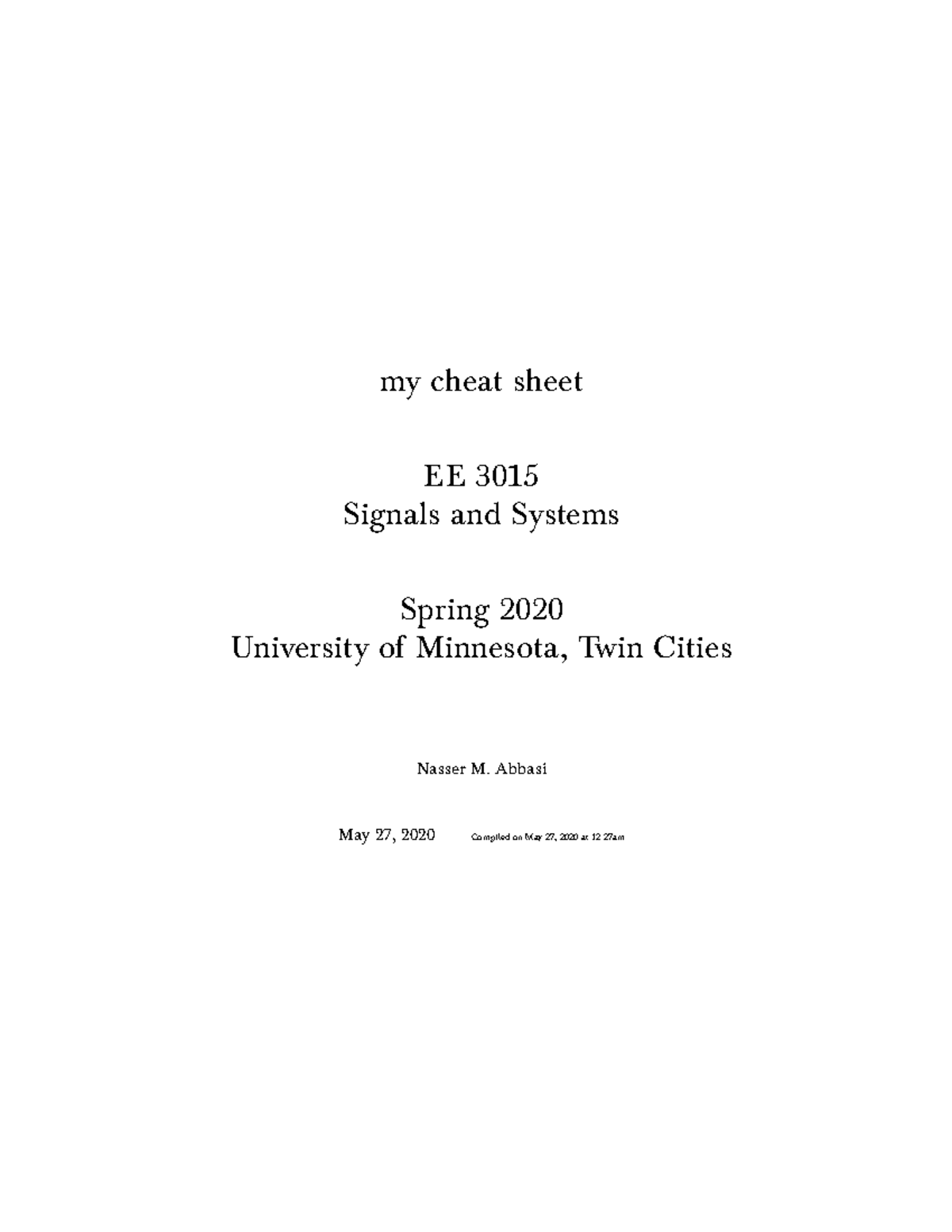 EE 3015 Signals & Systems Cheat Sheet - Spring 2020 Notes - Studocu
